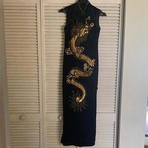 Underwraps Vintage 1950’s Gold Dragon Black Chinese Cheongsam Sheath Maxi Dress